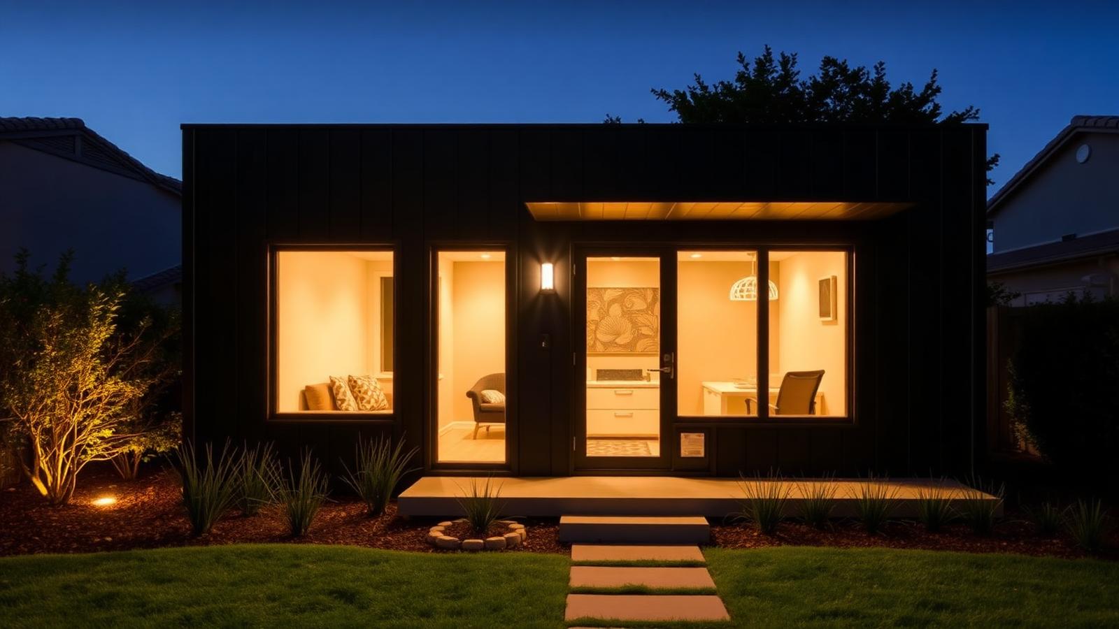 Modern detached backyard ADU with warm interior lighting at twilight — Panthera Construction, Bakersfield & Kern County