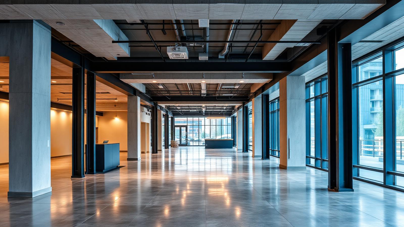 Light commercial tenant improvement interior with polished concrete floors and exposed steel beams — Panthera Construction, Bakersfield