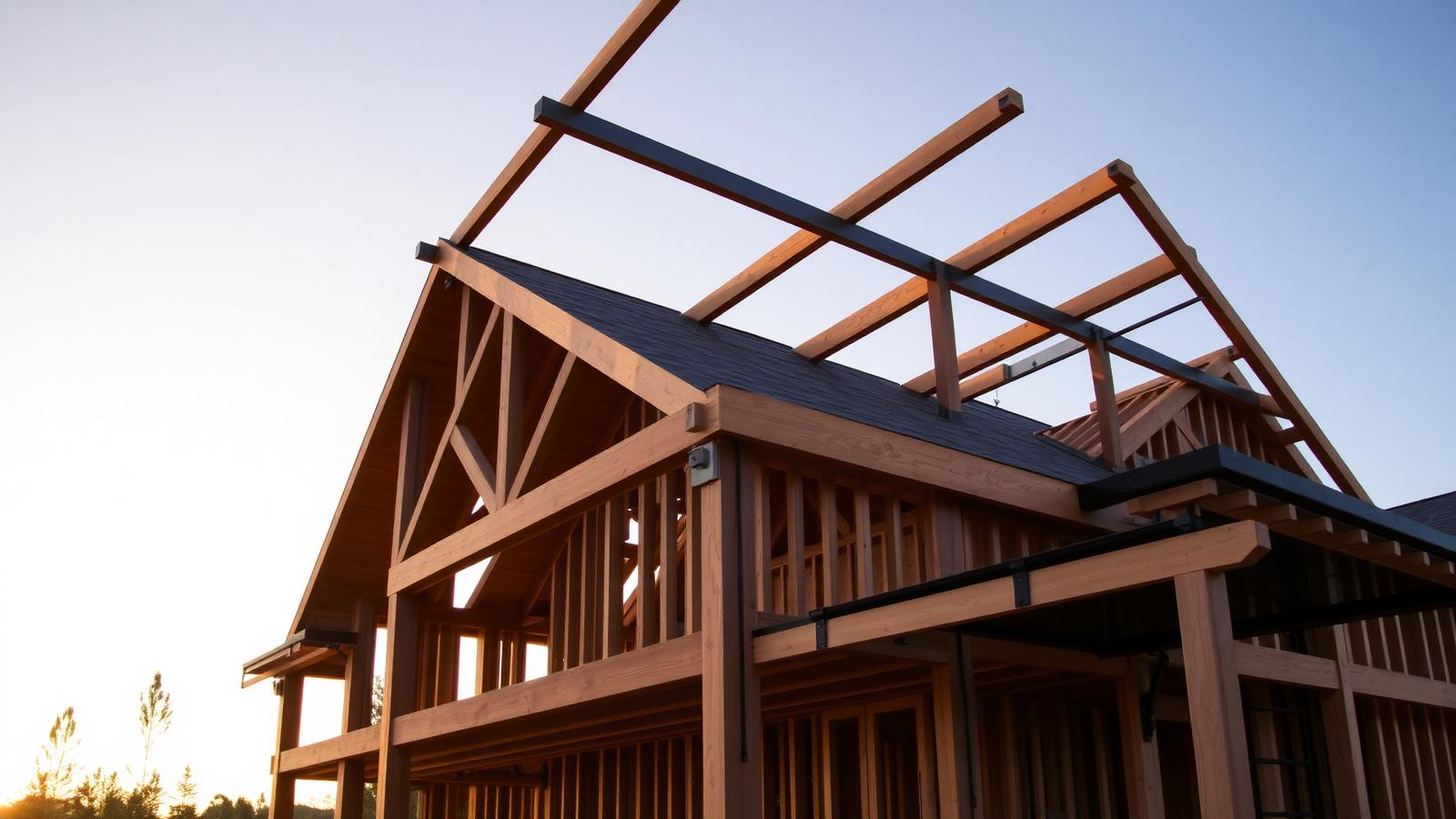 Exterior structural framing of a custom home at golden hour — Panthera Construction, Bakersfield & Kern County