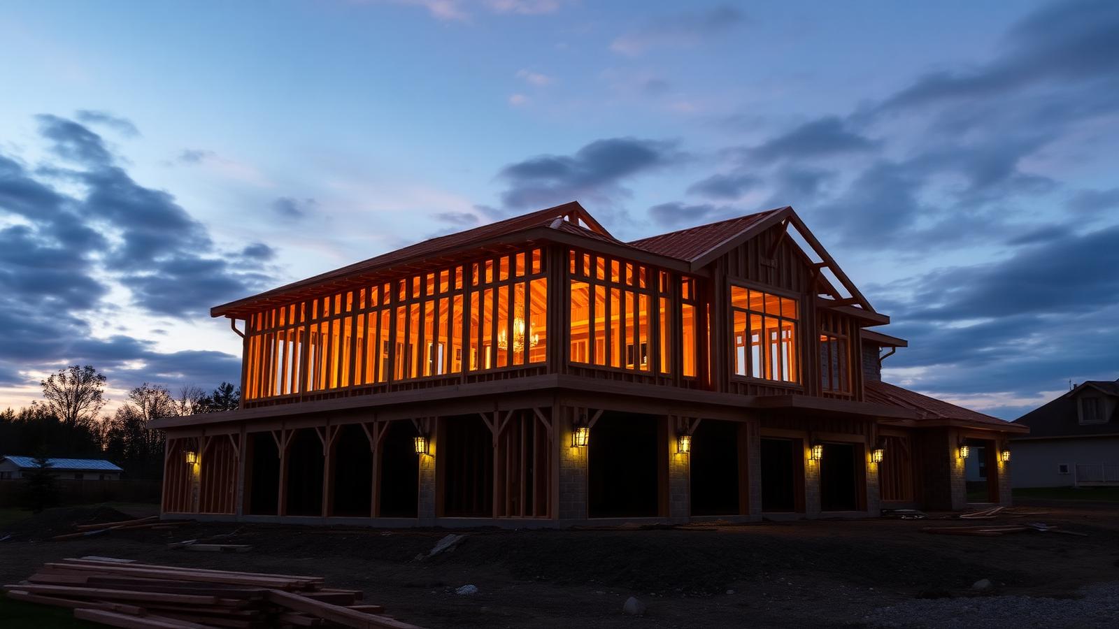 Ground-up custom custom home under construction at dusk — Panthera Construction, Bakersfield & Kern County